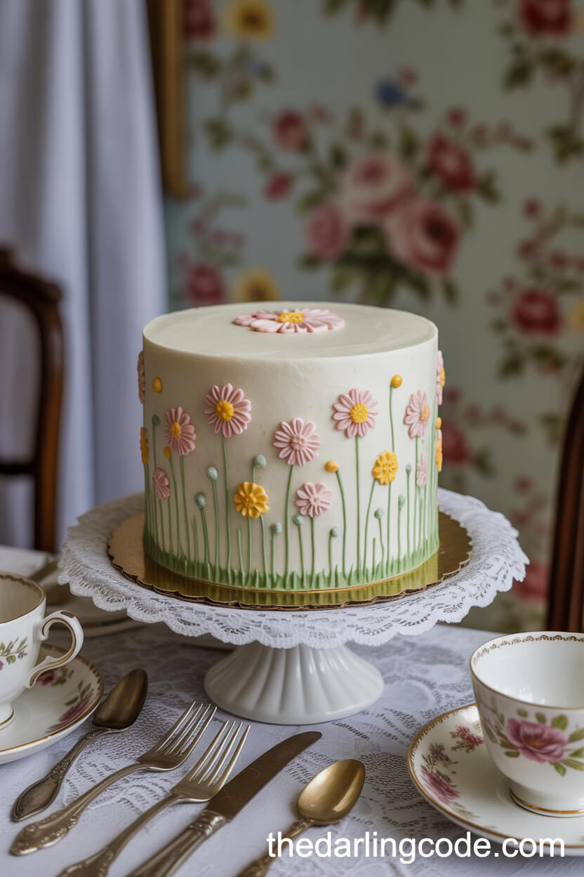 Vintage-Inspired Wildflower Cake With Gold Accents