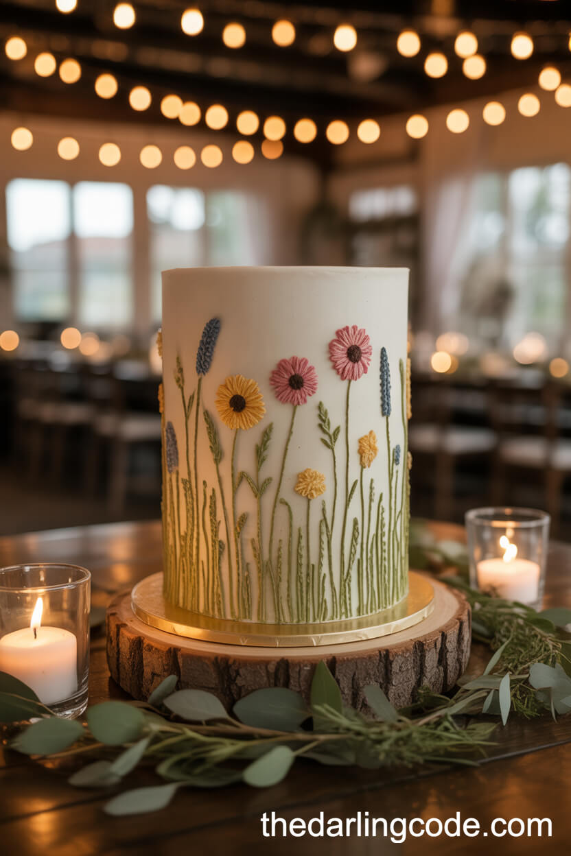 Embroidered-Effect Wildflower Icing Wedding Cake