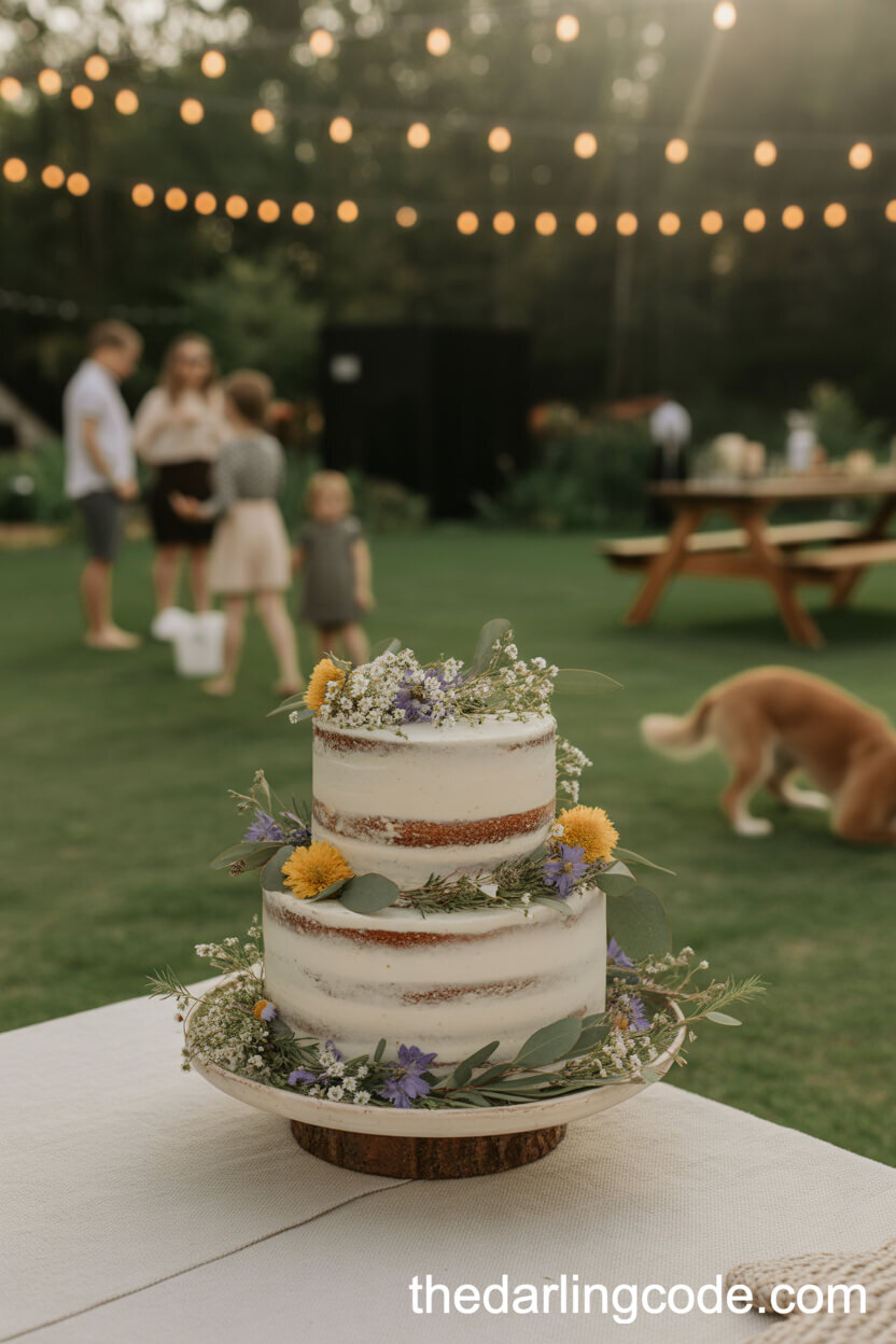 Relaxed Picnic-Style Cake With Wildflowers And Greenery