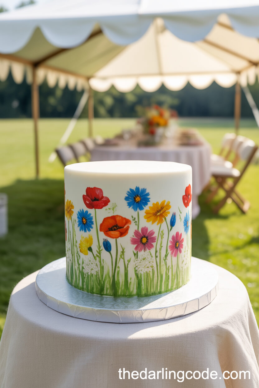 Hand-Painted Wildflower Wedding Cake In Bright Summer Colors