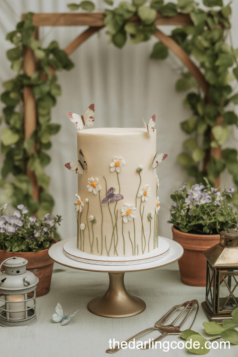 Whimsical Wildflower And Butterfly Wedding Cake
