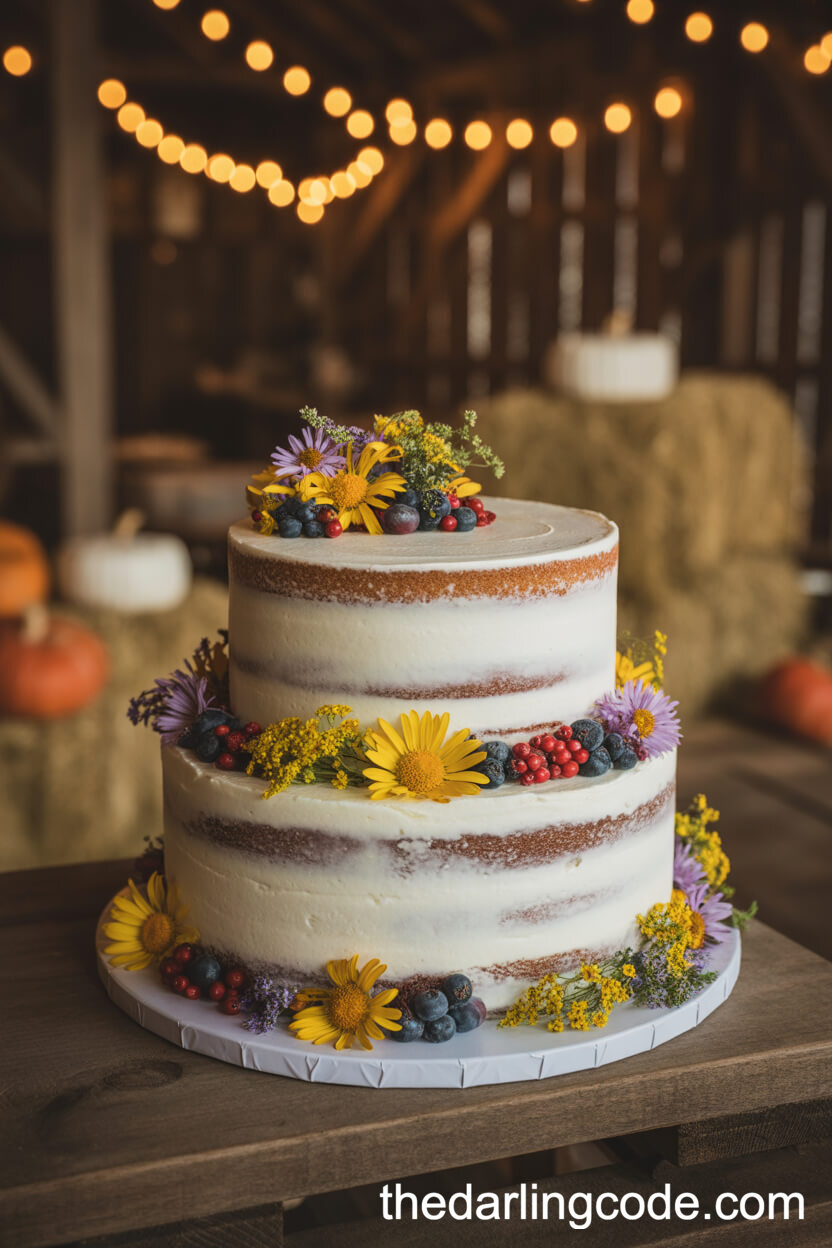 Autumnal Cream Cake With Wildflowers And Edible Berries