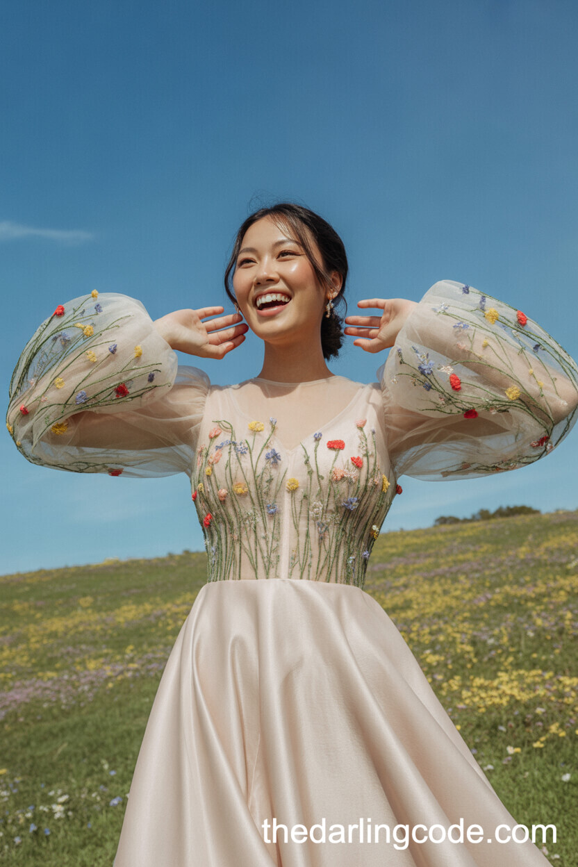 Statement Dress With Puff Sleeves And Wildflower Embroidery