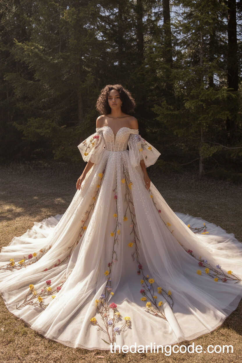 Illusion Neckline And Off-Shoulder Wildflower Dress