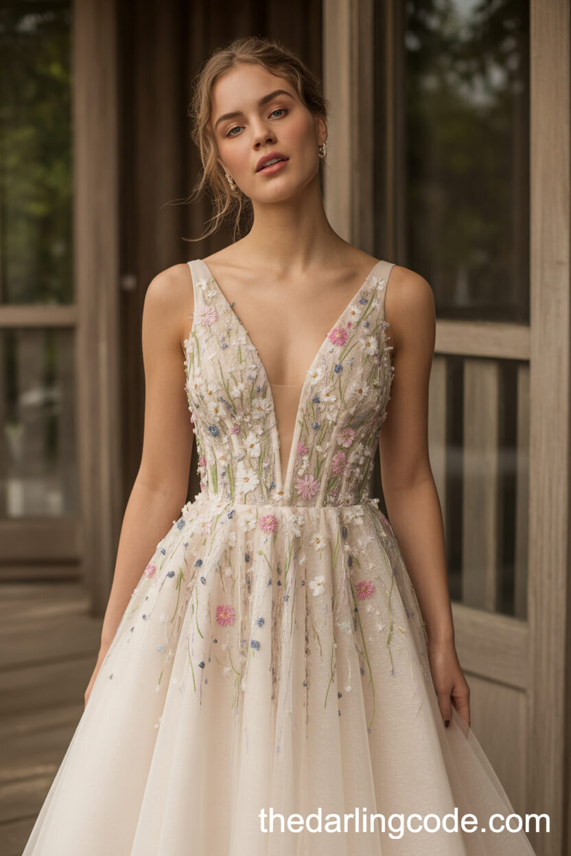 Plunging V-Neck Dress With Colorful Wildflower Appliqués