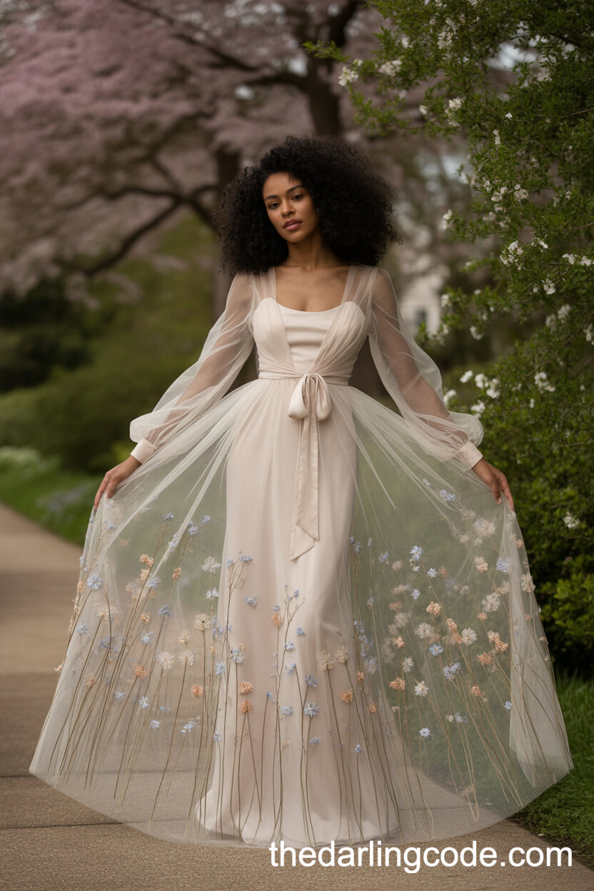 Romantic Sheer Overlay Gown With Pastel Wildflowers