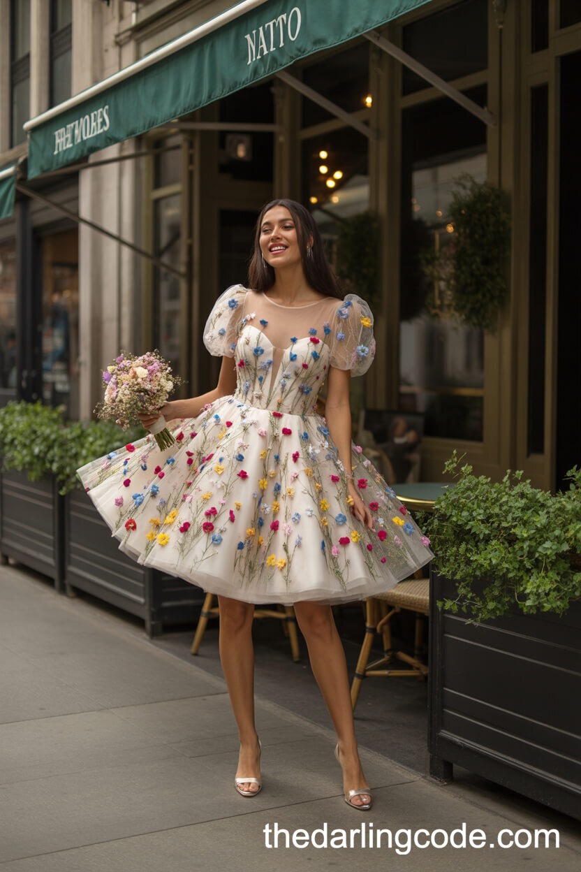 Chic Wideflower Mini Dress With 3D Appliqués