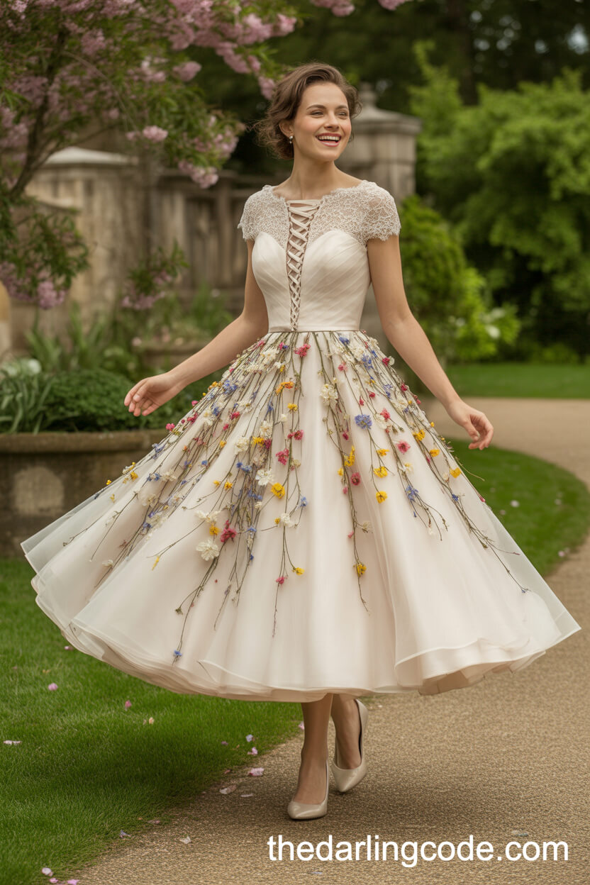 Retro Tea-Length Organza Dress With Multi-Colored Wildflowers