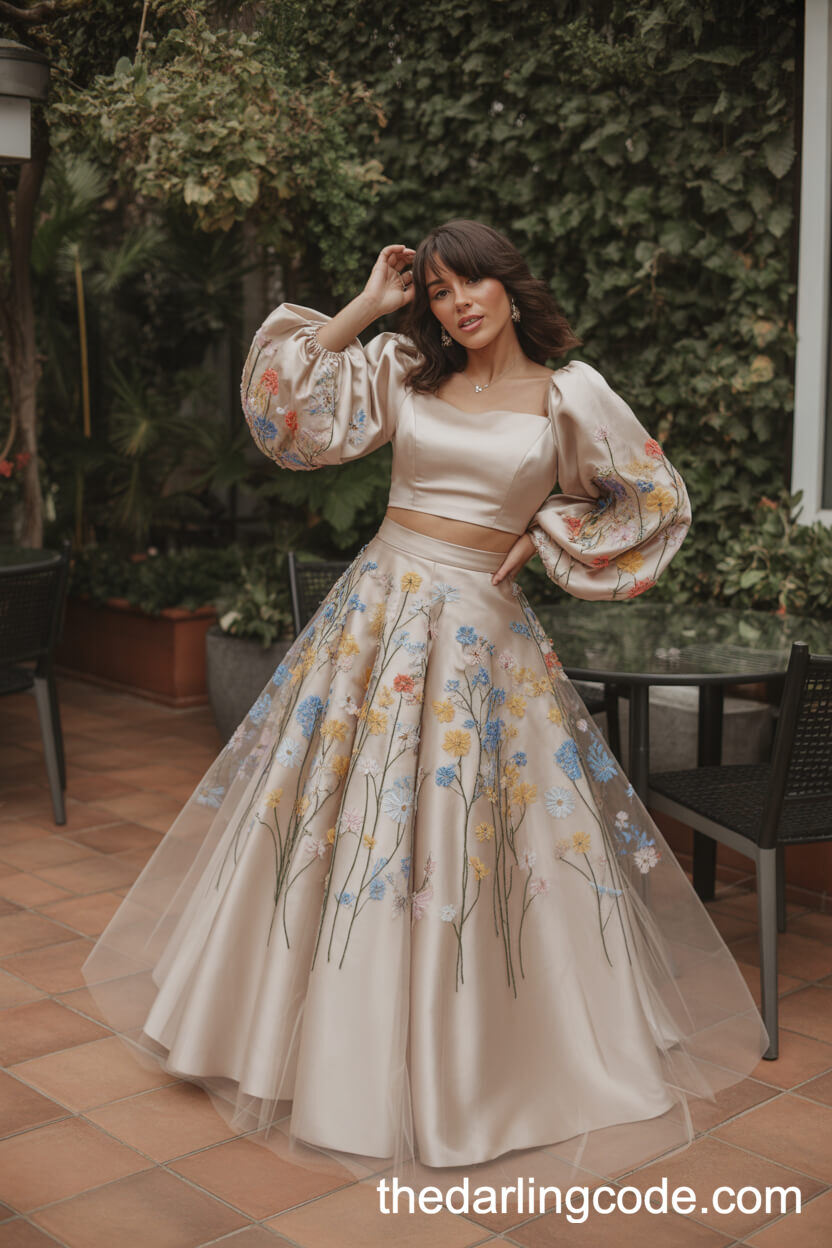 Trendy Two-Piece Set With Balloon Sleeves And Wildflowers