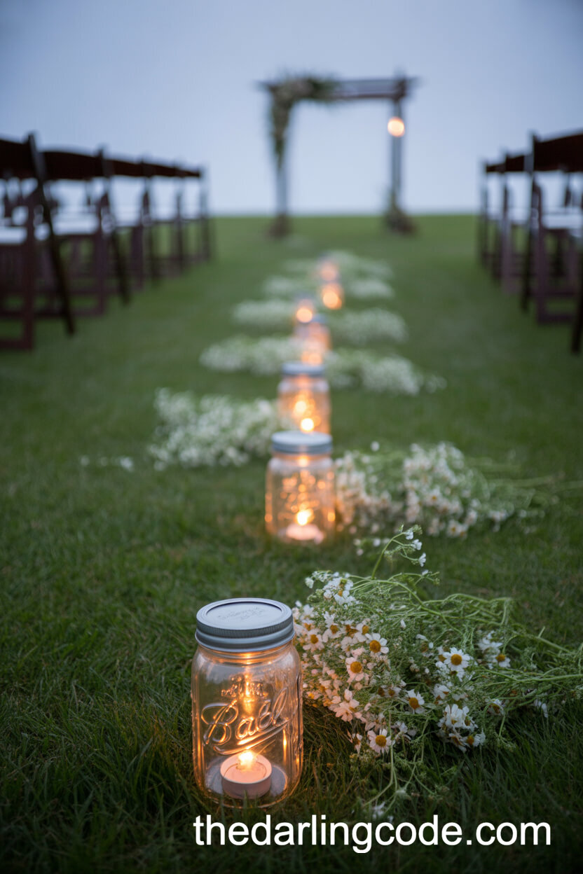 Lantern-Lit Aisle With Mason Jars And Wildflowers