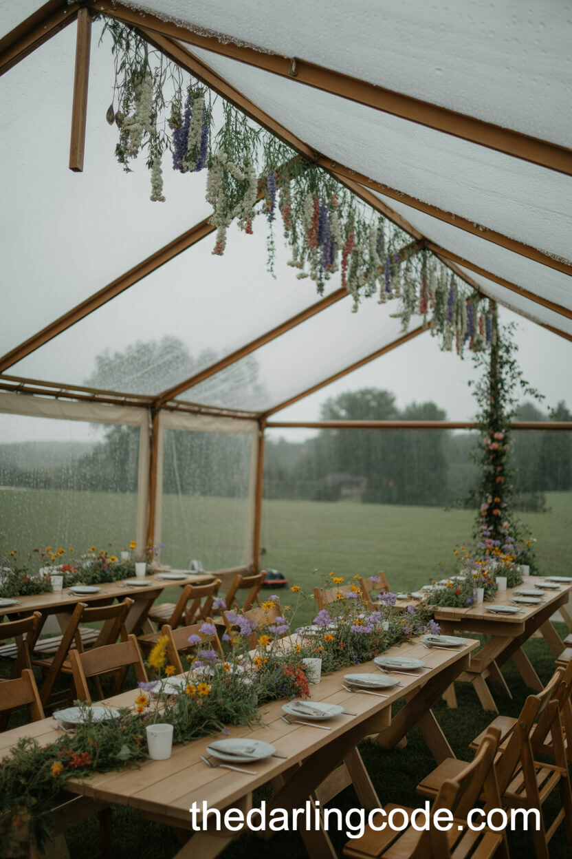 Rainy Day Tent Reception With Hanging Wildflowers