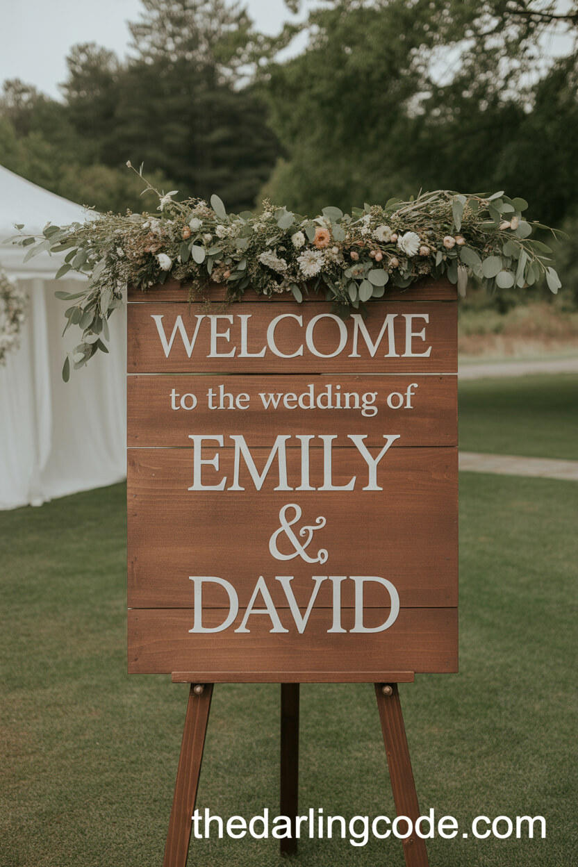 Wooden Welcome Sign Decorated With Wildflowers