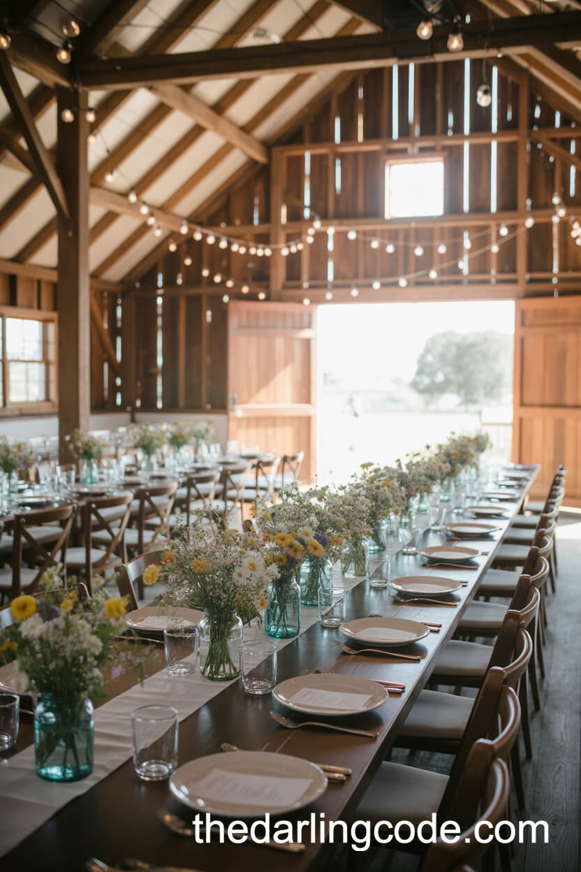 Rustic Barn Reception With Wildflower Centerpieces