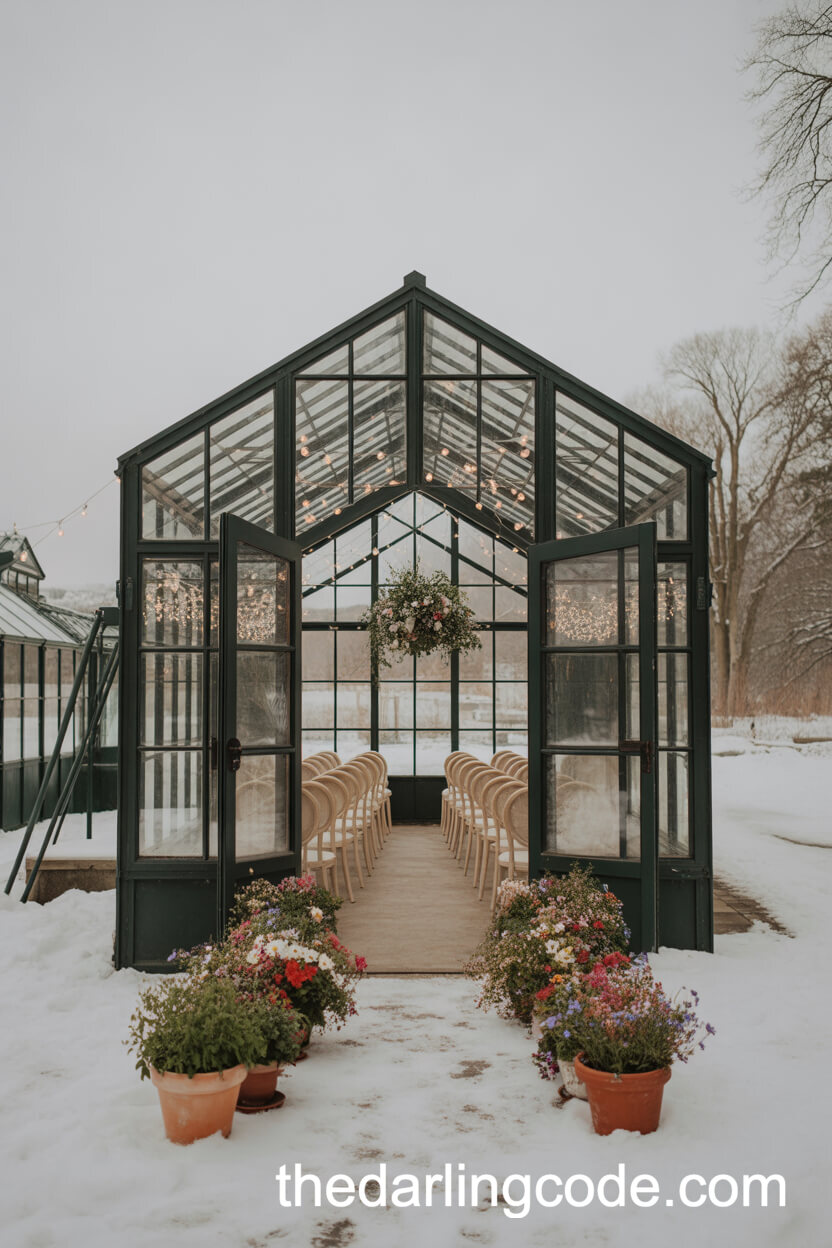 Glass Greenhouse Ceremony With Winter Wildflowers