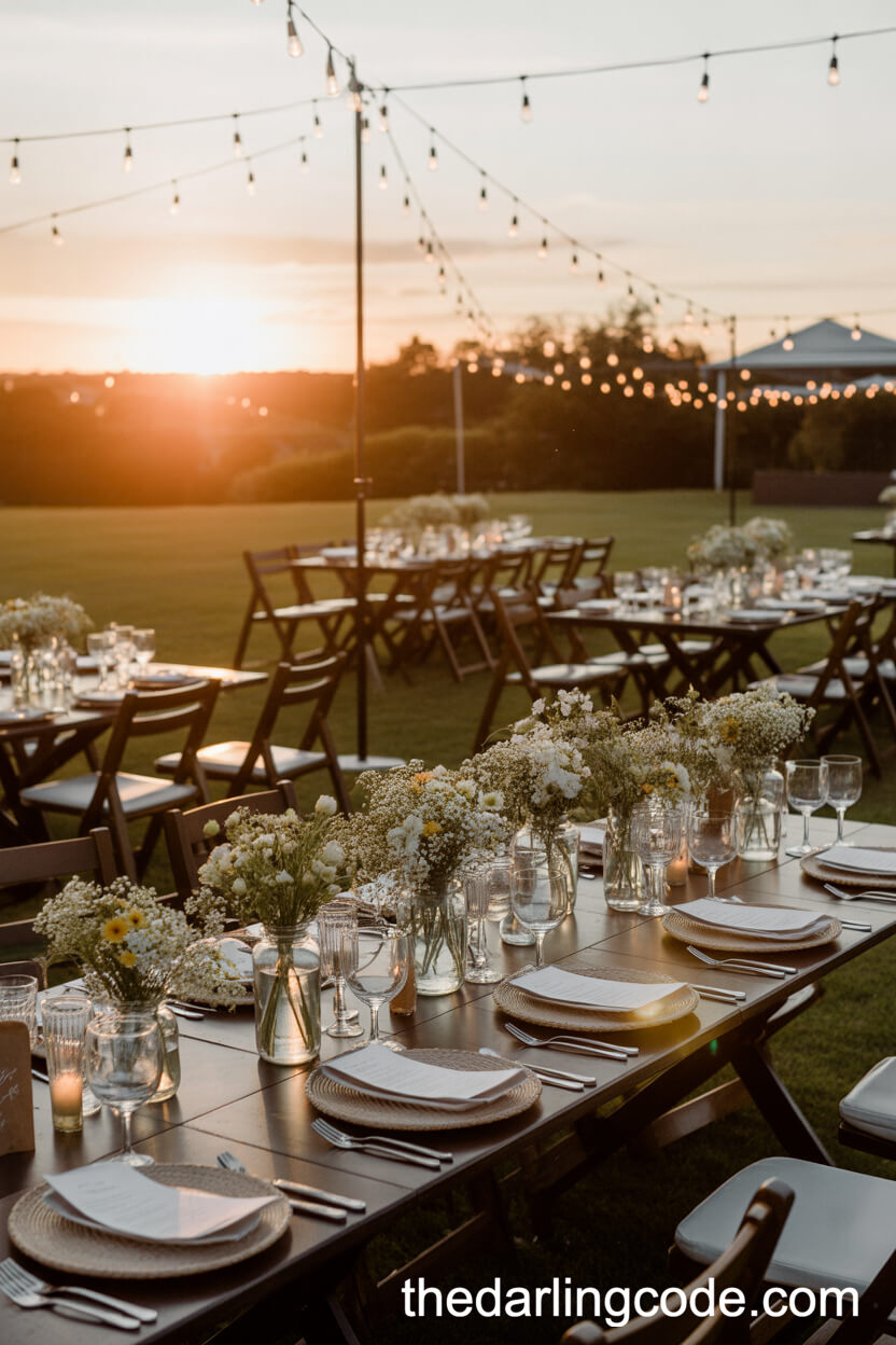 Outdoor Evening Reception With Wildflower Tables