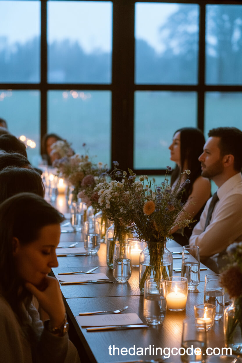 Cozy Indoor Reception With Wildflower Table Arrangements