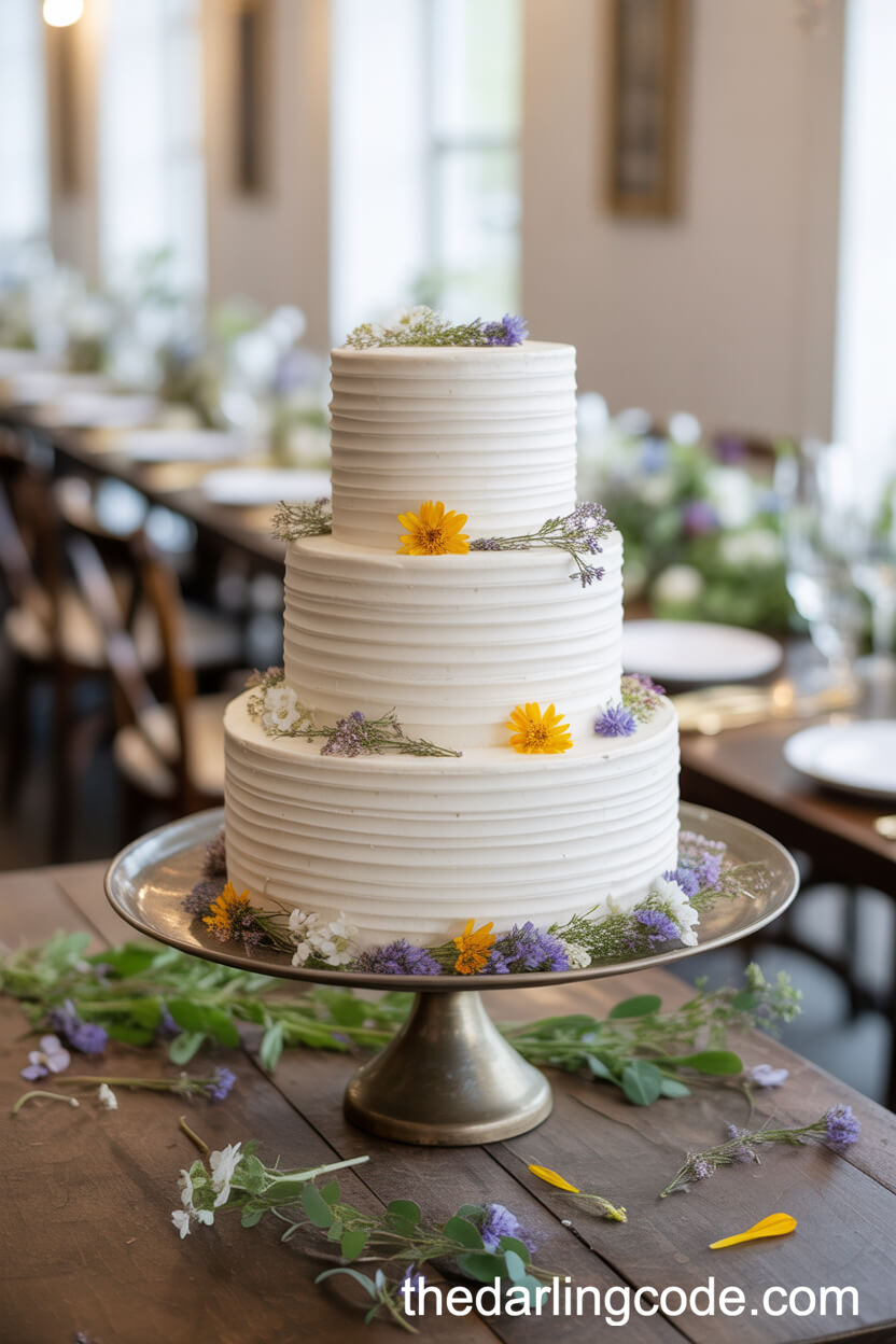 Wedding Cake Table With Real Wildflower Accents