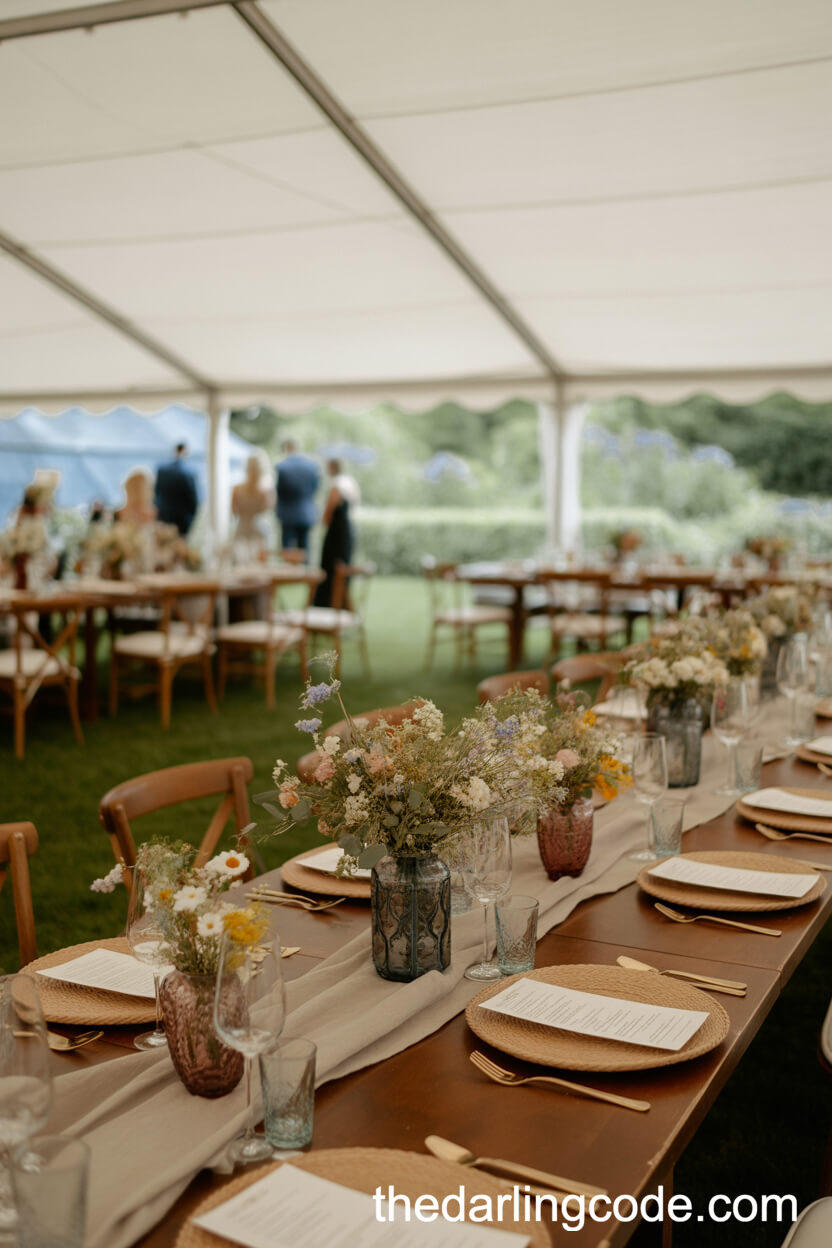 Wildflower Bouquets On Lawn Tent Reception Tables