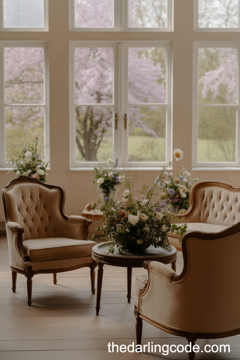 Vintage Lounge Area With Wildflower Arrangements