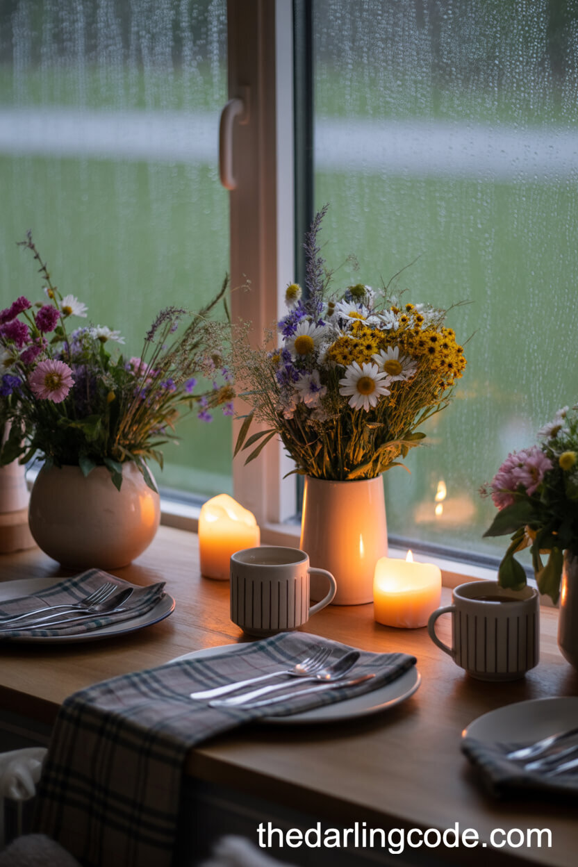 Rainy Day Indoor Table With Pottery Wildflowers And Plaid Accents
