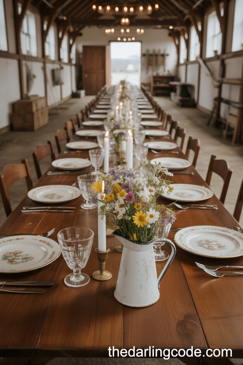 Barn Reception Farmhouse Table With Enamel Pitchers Of Wildflowers