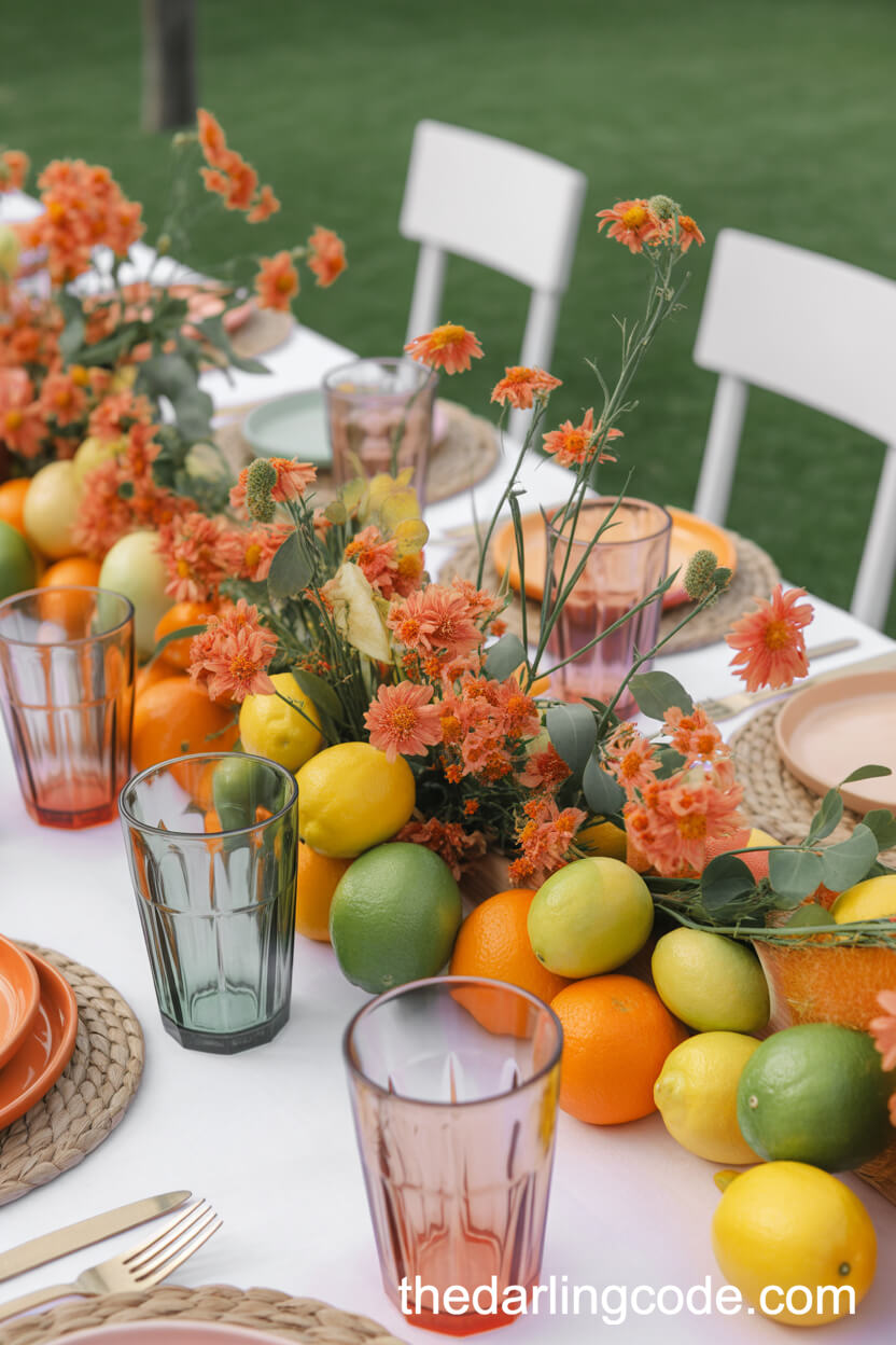 Citrus And Coral Wildflower Table For A Vibrant Outdoor Wedding