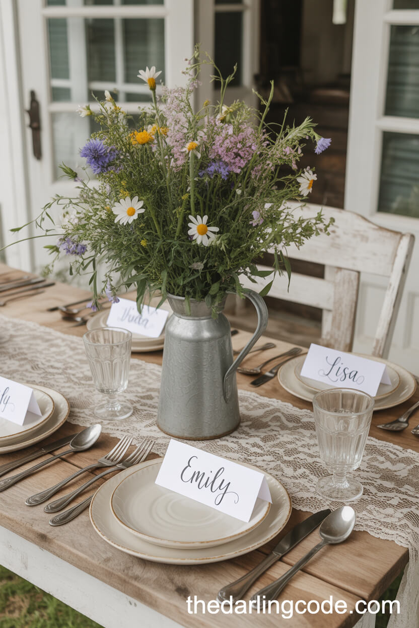 Farmhouse Porch Table With Antique Lace And Hand-Painted Name Cards