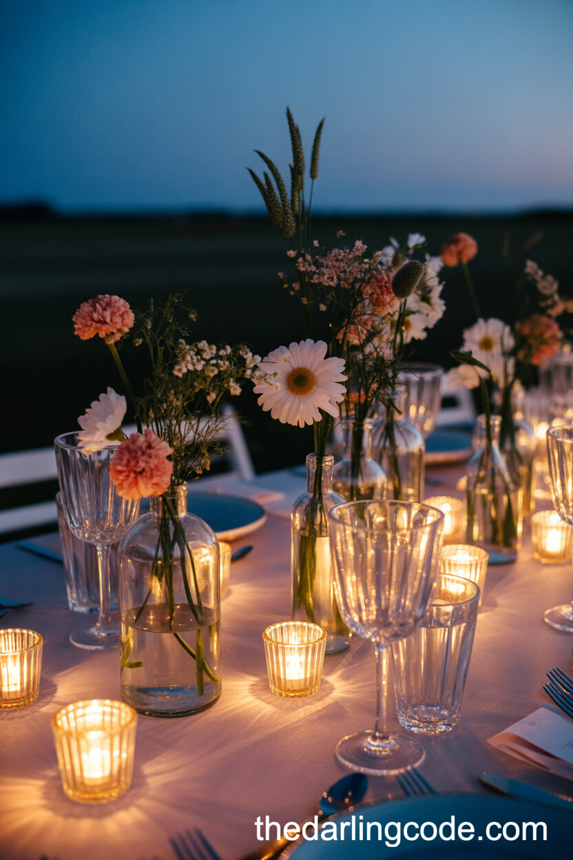 Twilight Wedding Table With Glass Bottle Wildflowers And Votives