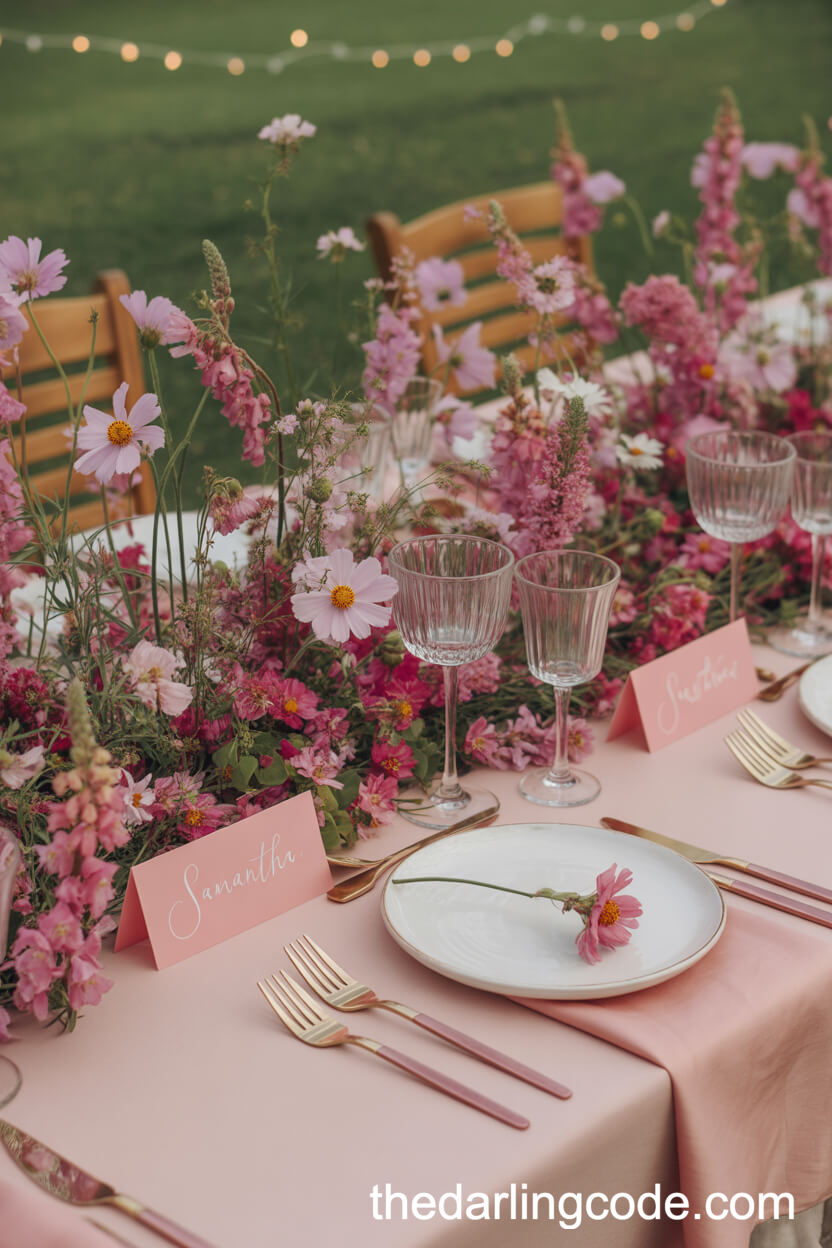 Lush Pink Wildflower Table With Blush Linen And Rose-Gold Details