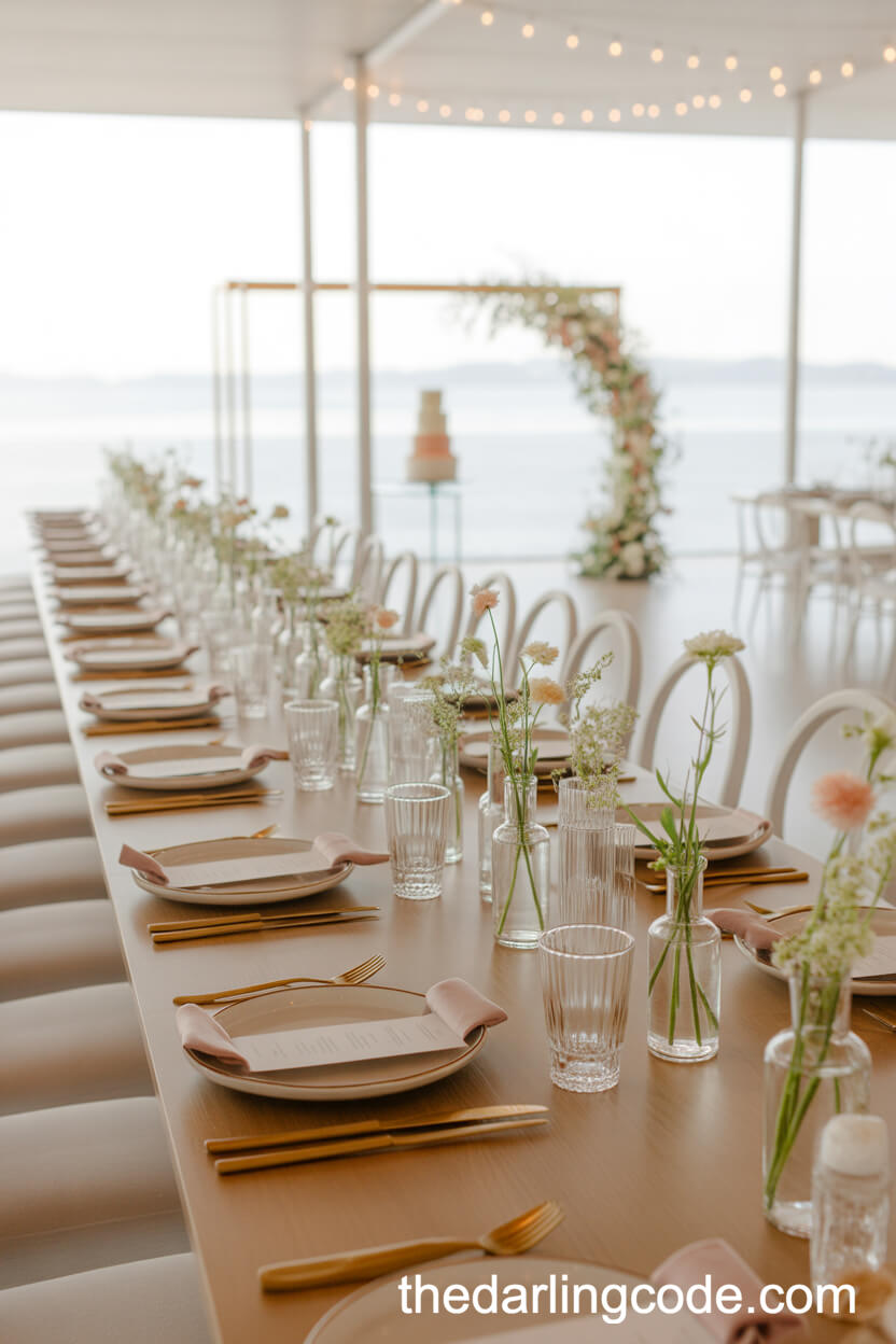Modern Indoor Reception Table With Minimalist Wildflower Centerpieces