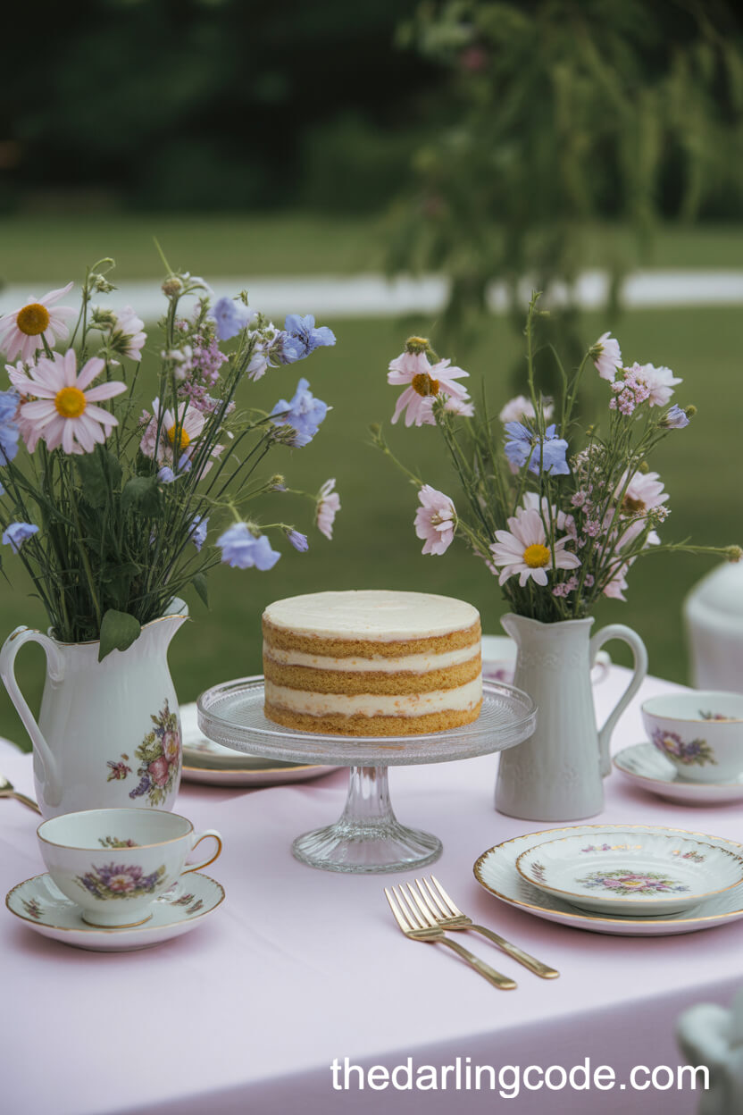Garden Tea Party Table With Wildflowers In Teacups And Cake Display