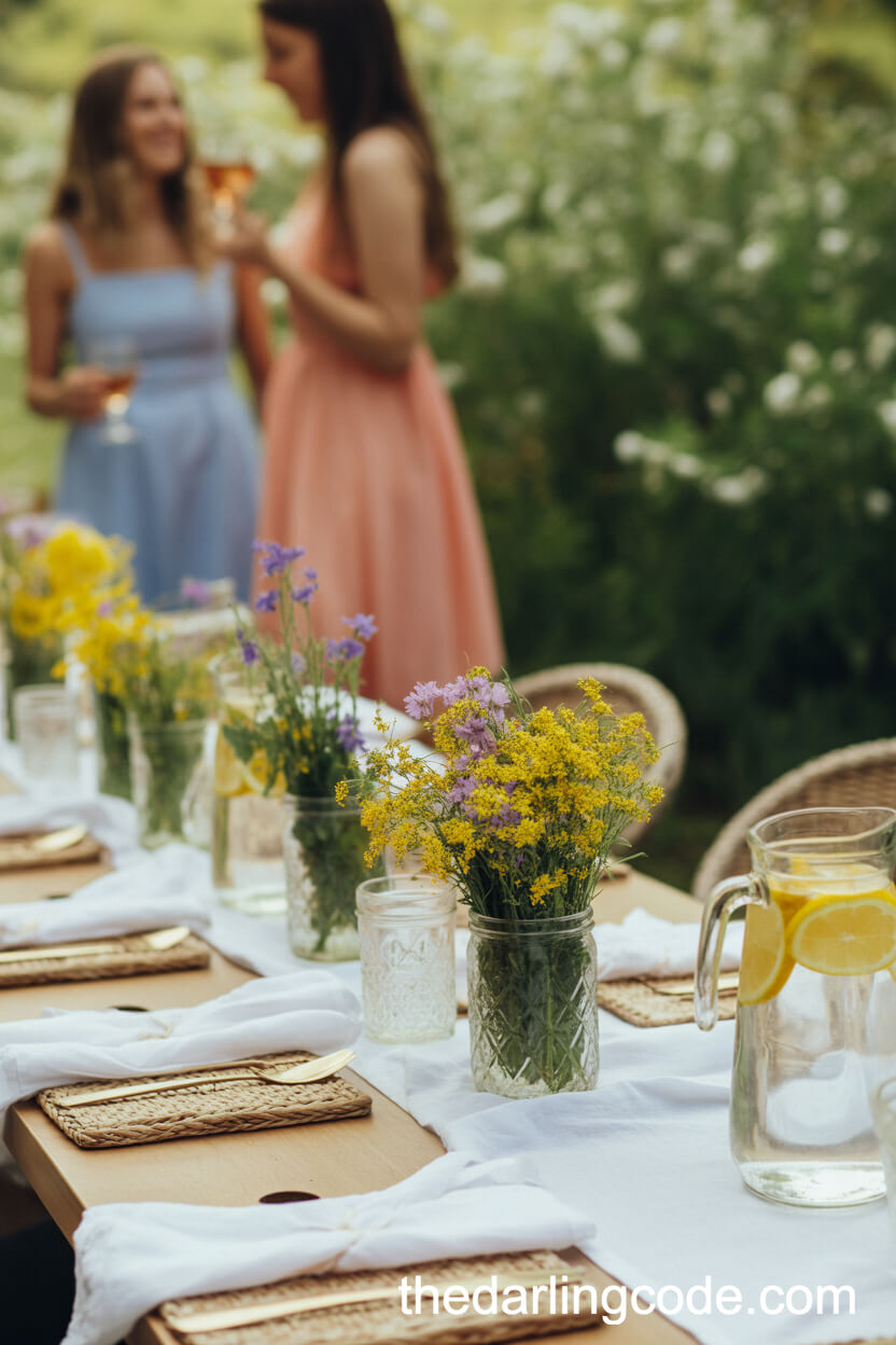 Summer Table With Linen, Mason Jar Wildflowers, and Citrus Water