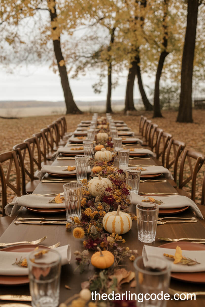 Rustic Woodland Autumn Table With Amber Wildflowers And Pumpkins