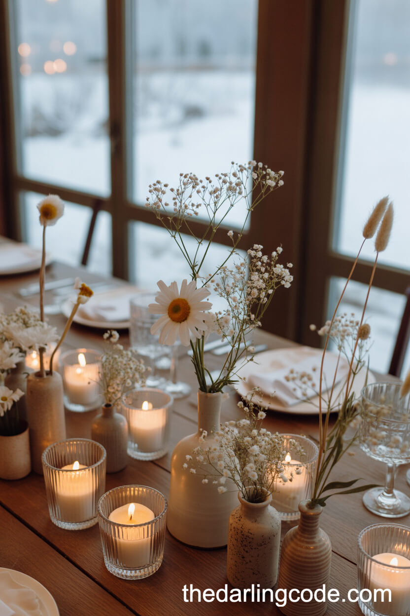 Cozy Indoor Winter Table With Neutral Wildflowers And Candlelight