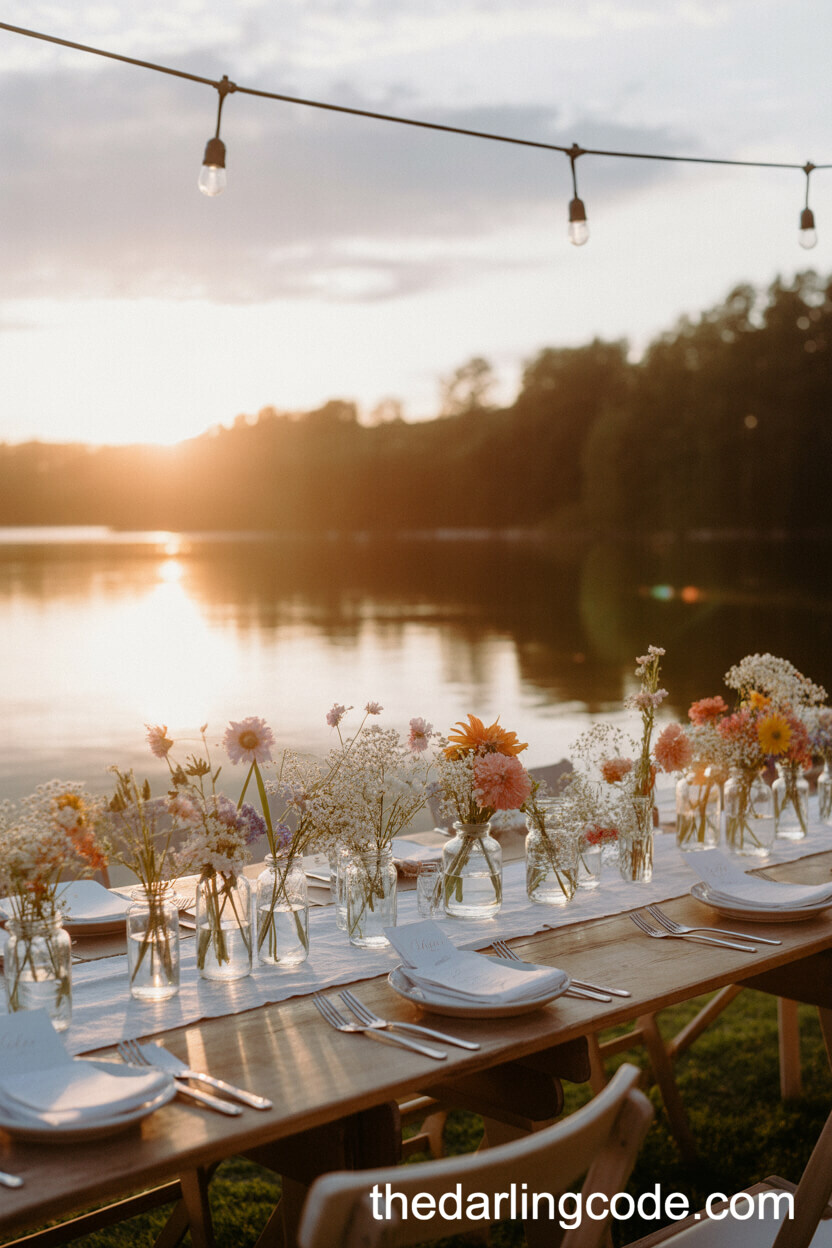 Lakeside Wedding Table With Jam Jar Wildflowers And String Lights