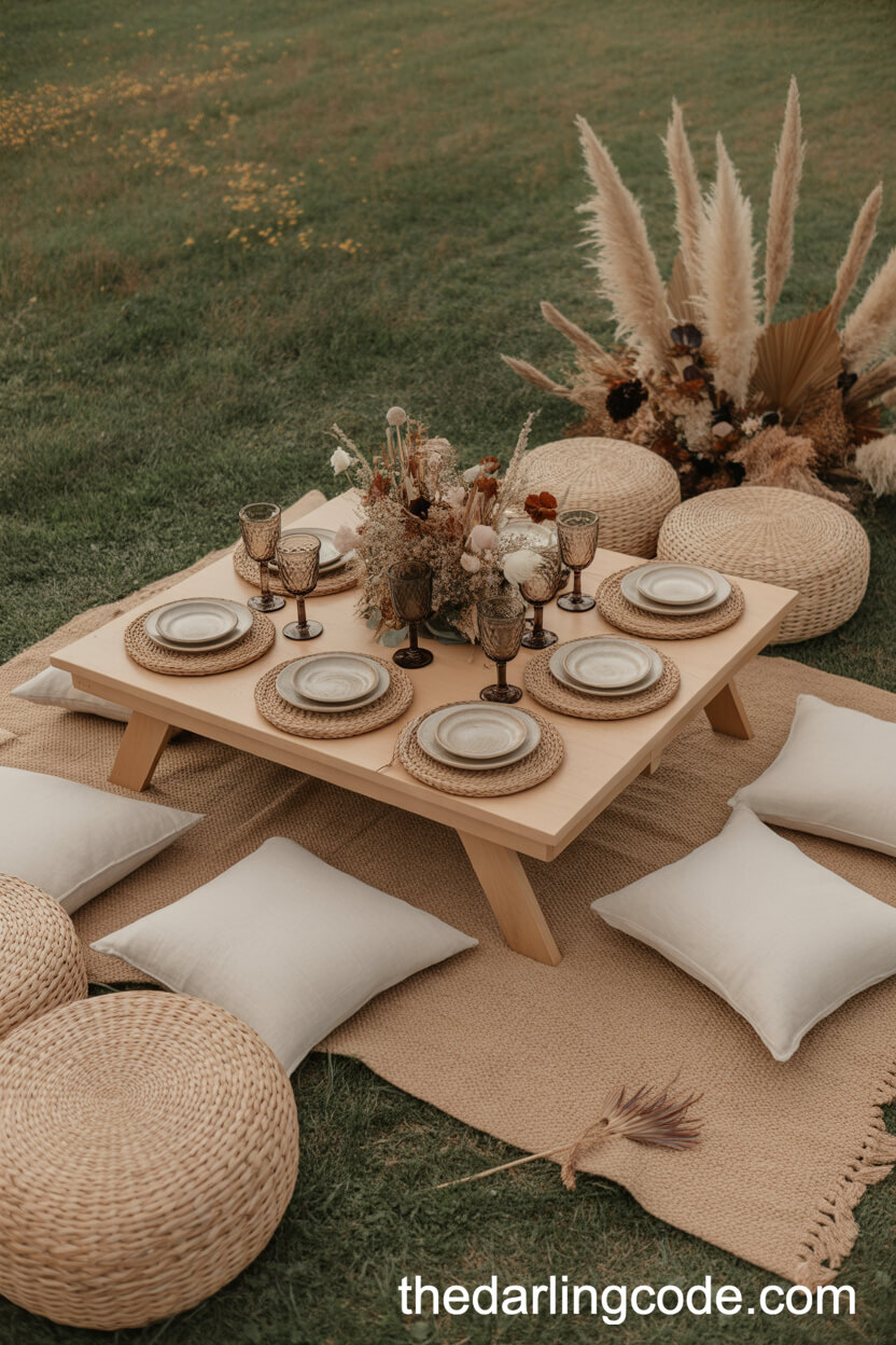Bohemian Picnic Table With Pampas Grass And Earthy Tableware