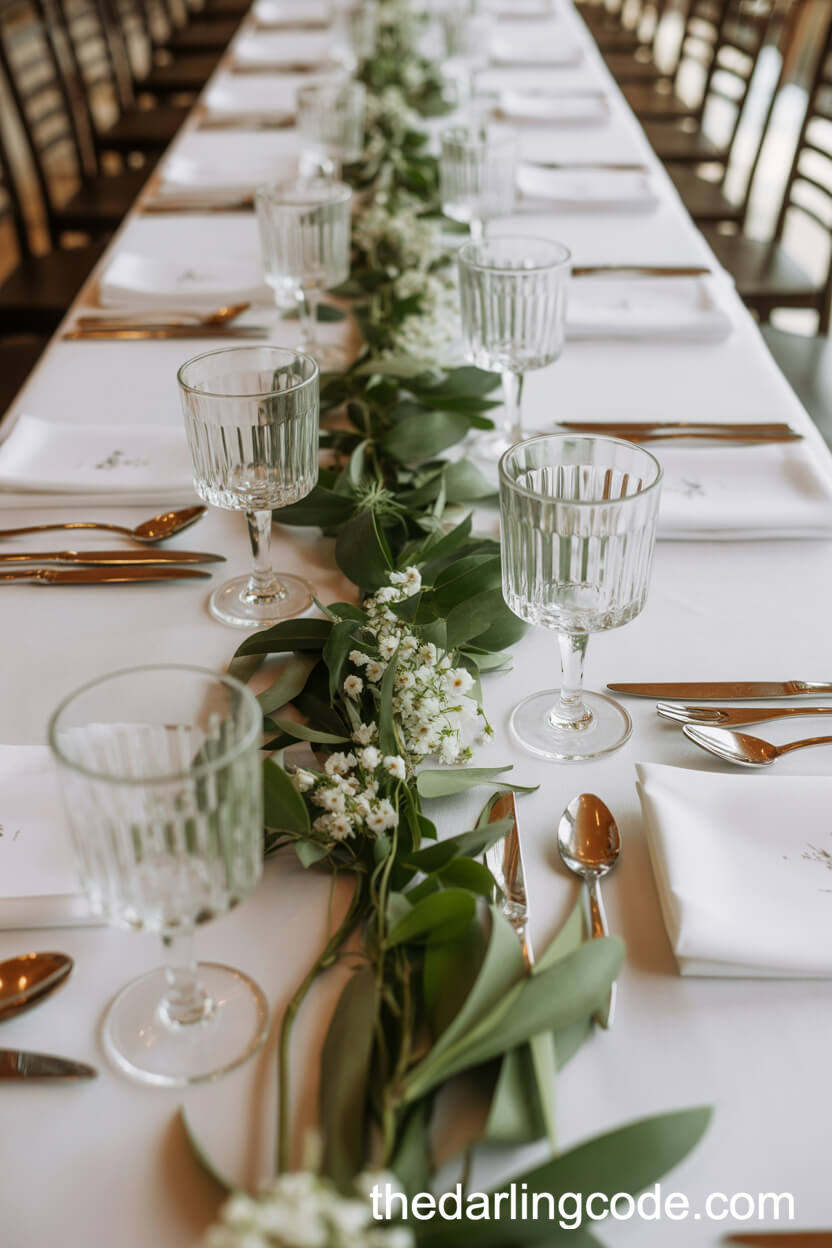 Elegant White Linen Table With Green And White Wildflower Runner