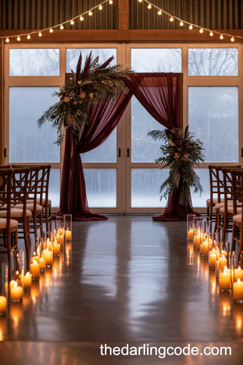 Burgundy Velvet And Flocked Greenery Barn Wedding Arch