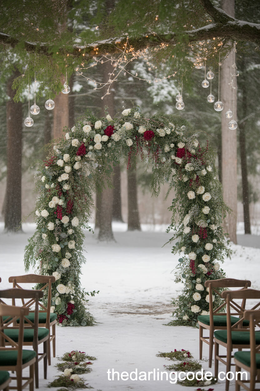Cascading Winter Florals And Fairy Lights Forest Arch