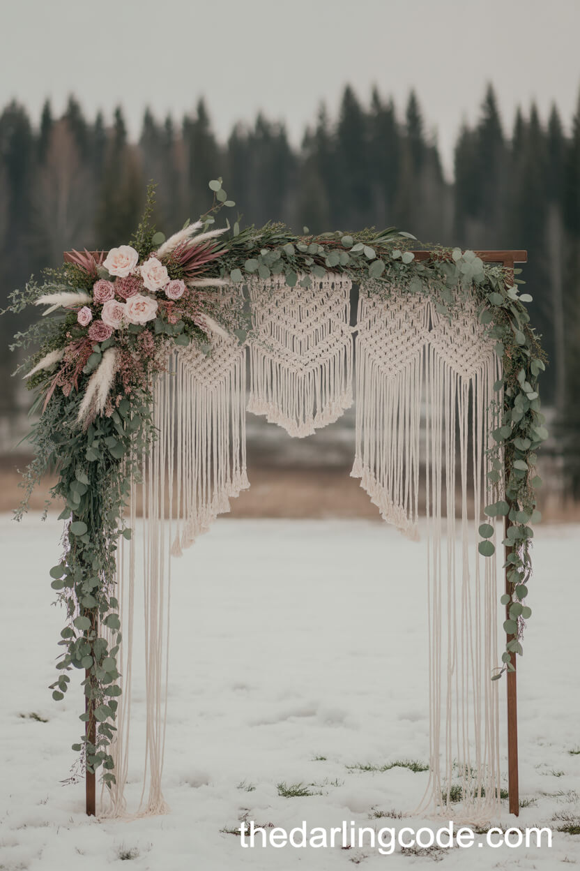 Macramé And Eucalyptus Arch In A Snowy Field