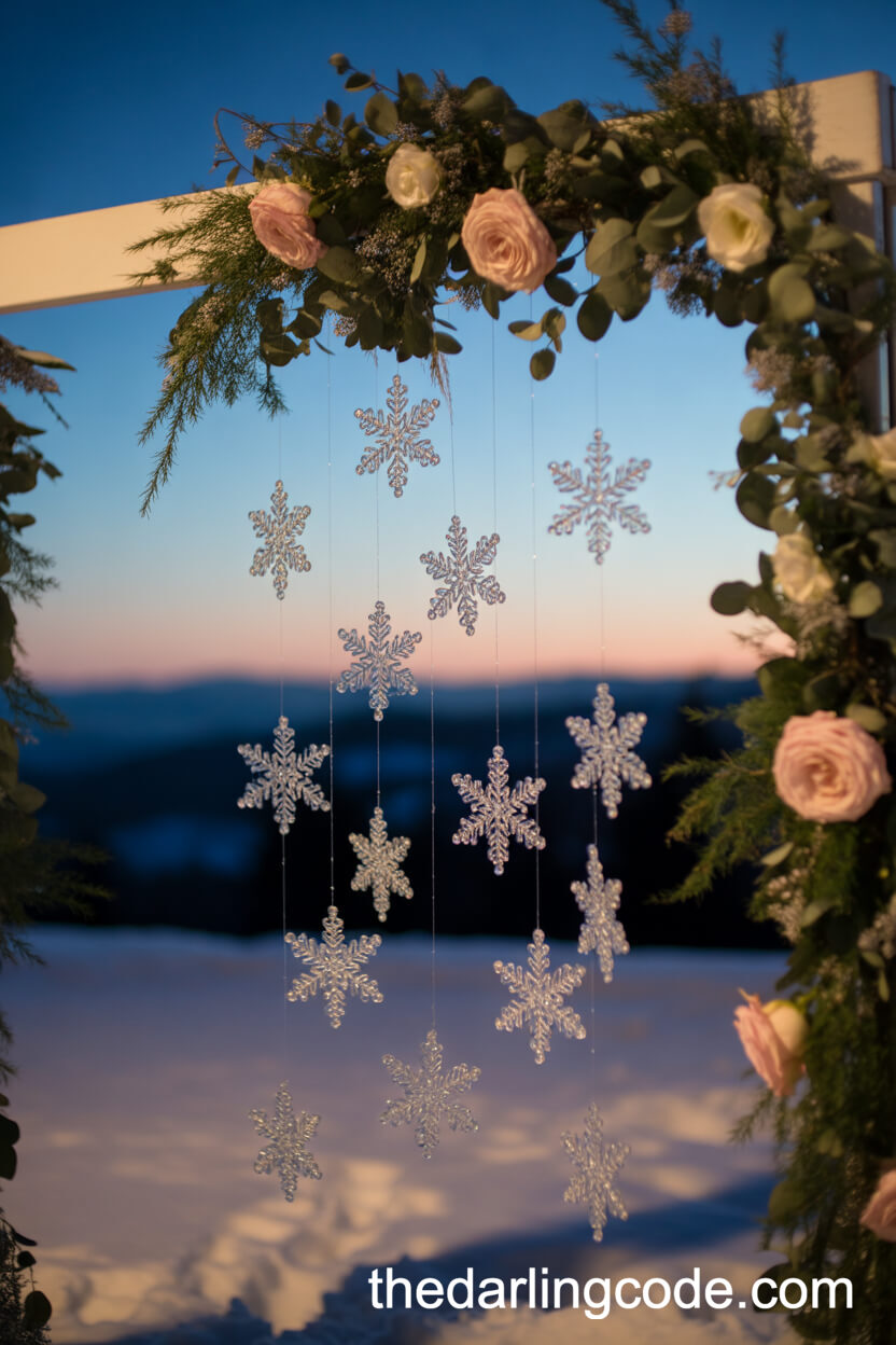 Glass Snowflake And Greenery Dusk Outdoor Wedding Arch