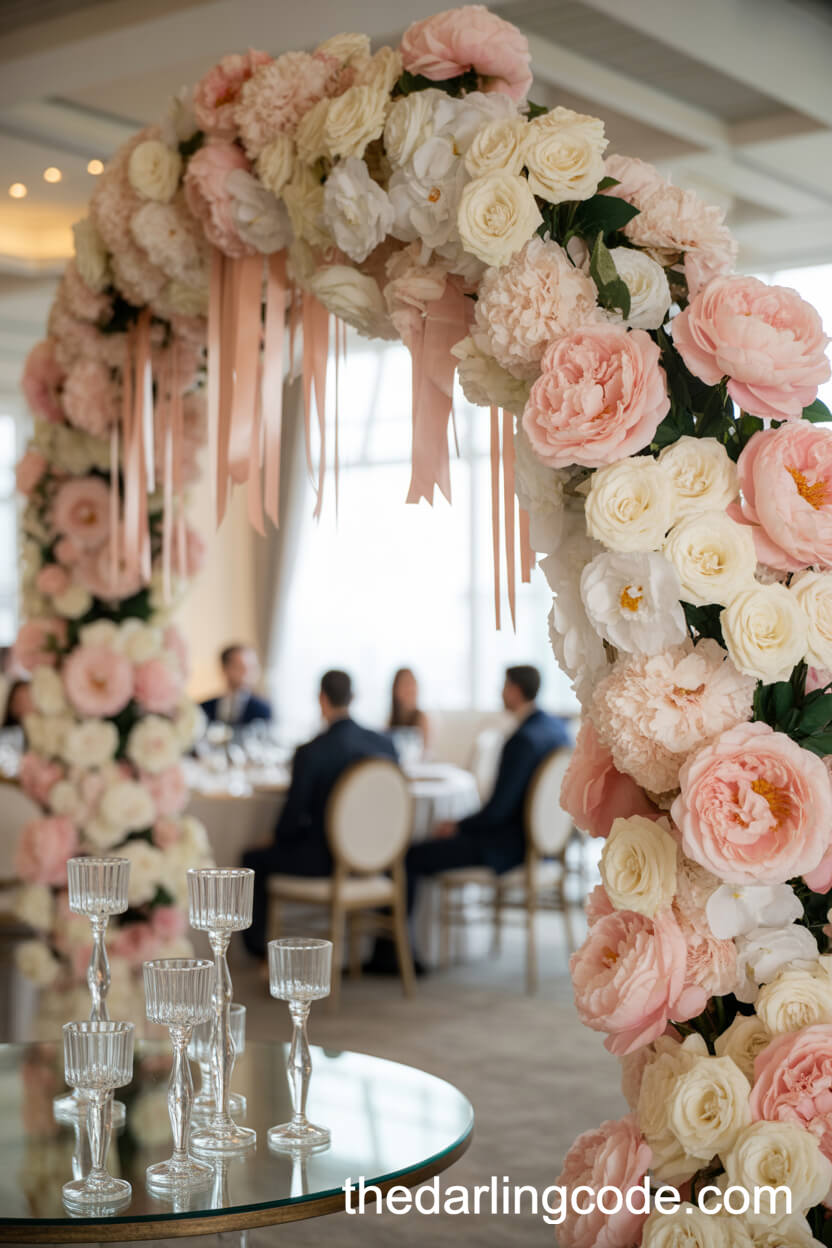 Blush Peony And Rose Gold Ribbon Indoor Reception Arch