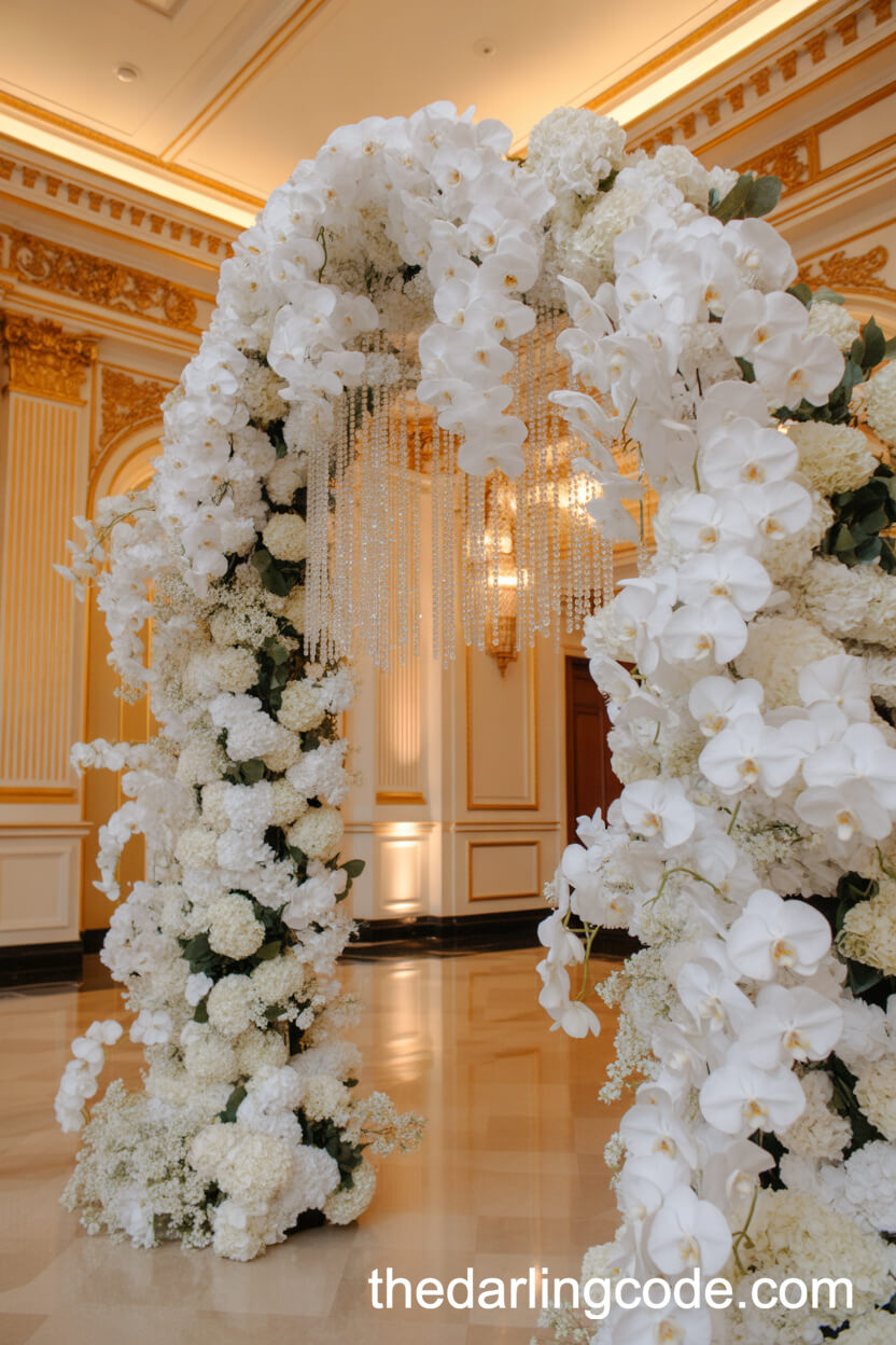 Cascading Orchid And Crystal Ballroom Wedding Arch