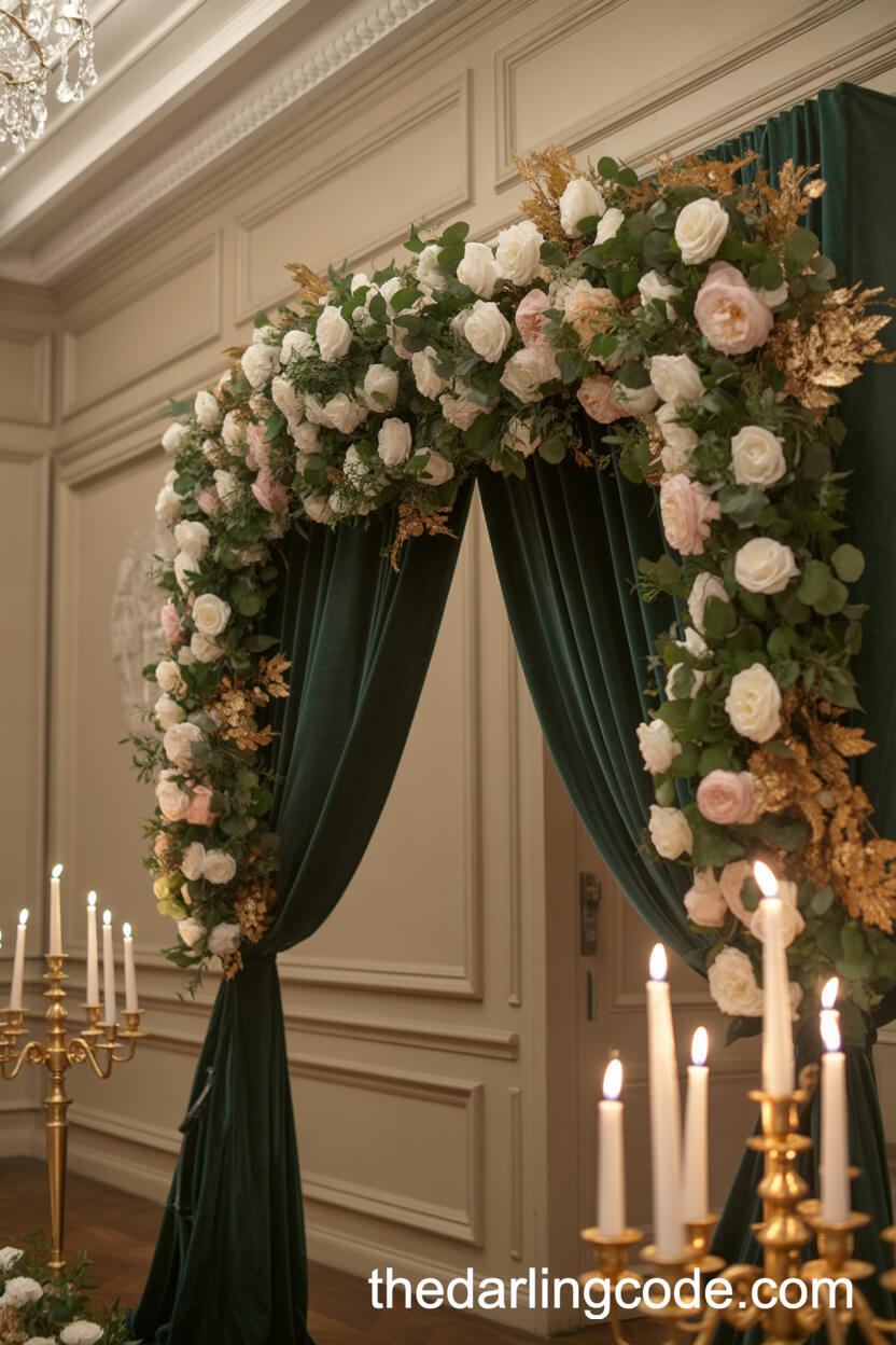 Emerald Velvet And Gold Leaf Mansion Wedding Arch