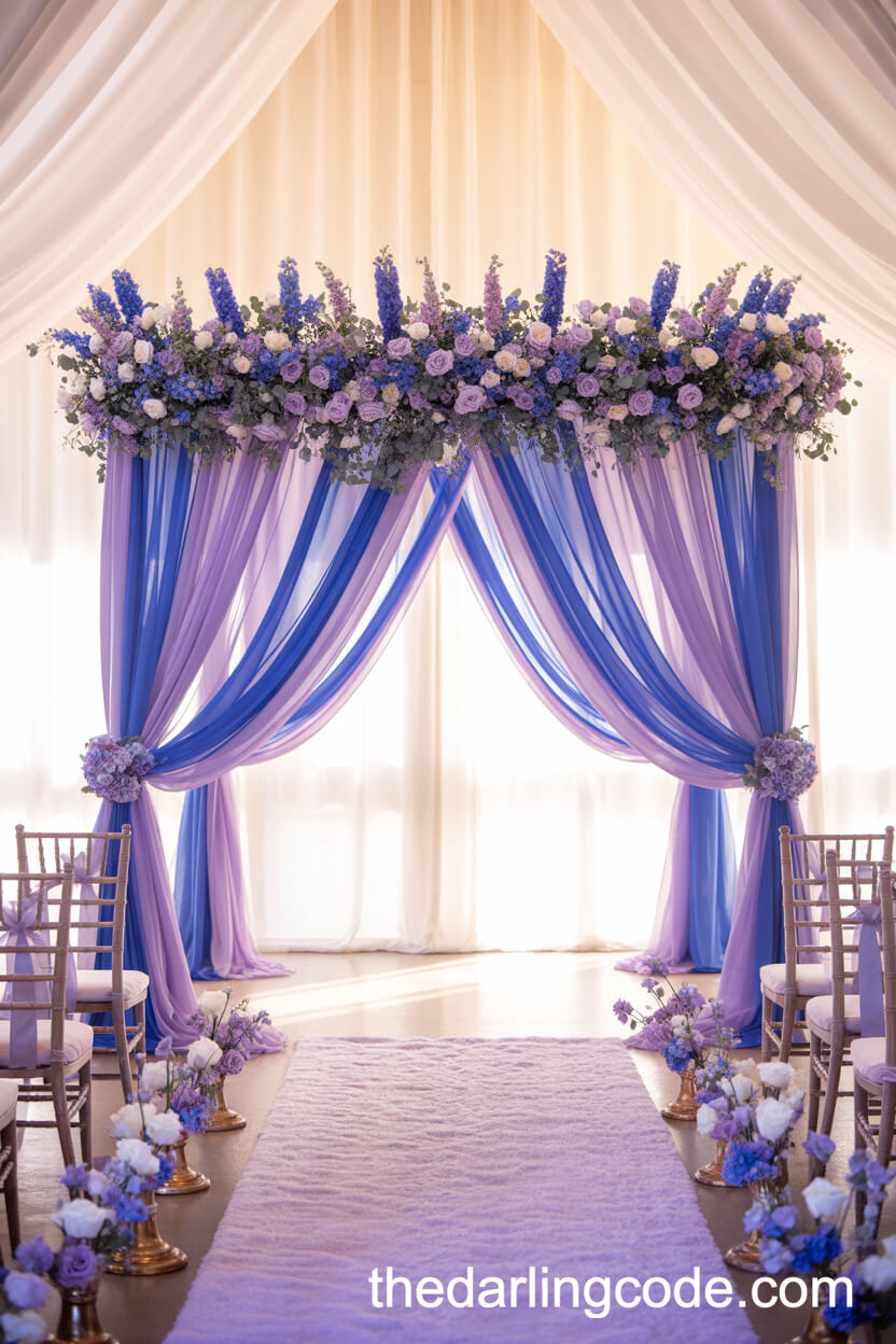 Blue And Lavender Floral-Draped Elegant Ceremony Arch