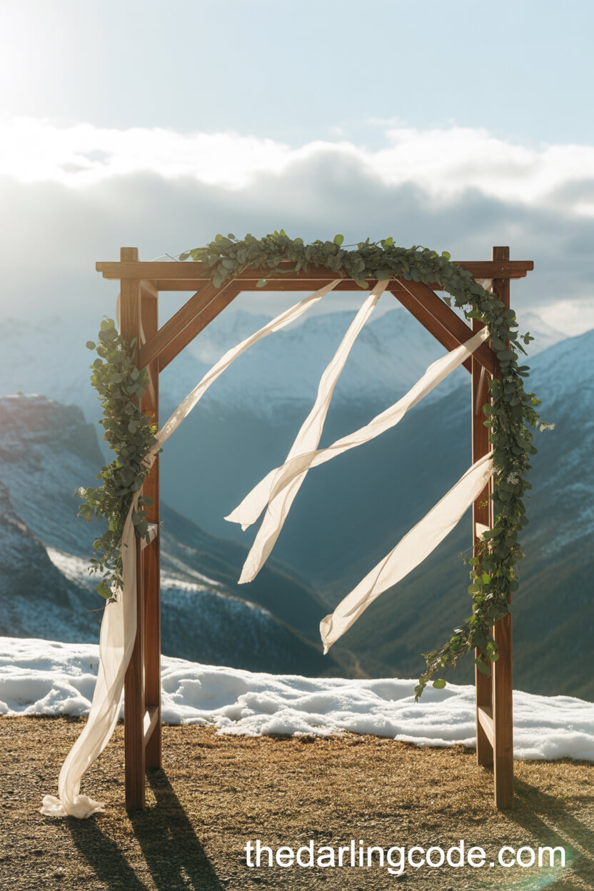 Rustic Wooden Arch With Eucalyptus At A Mountain Ceremony
