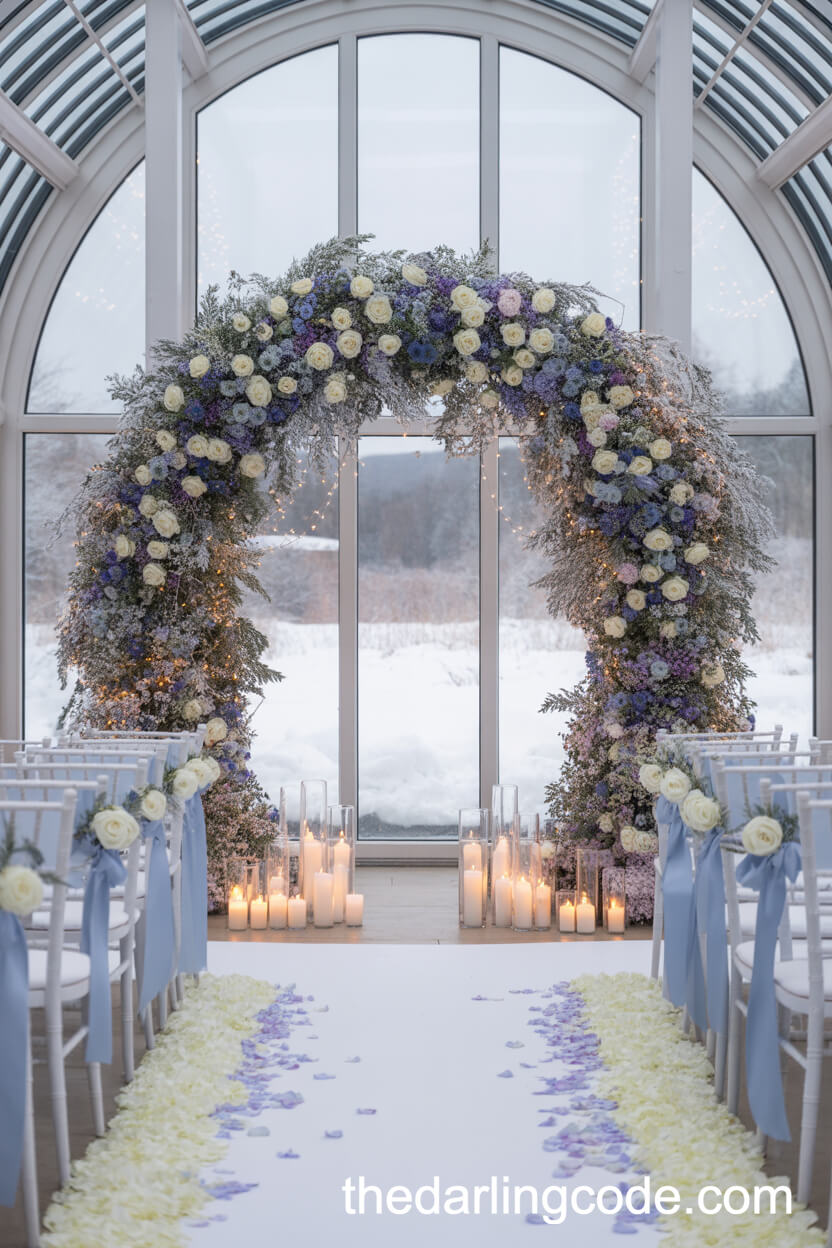 Snowy Garden Oval Arch With Fairy Lights In A Glasshouse