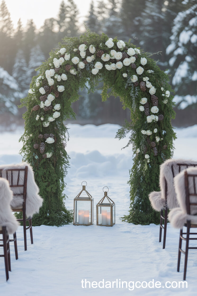 Evergreen And White Rose Arch With Pinecones