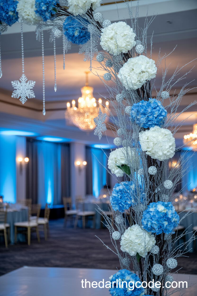 Icy Blue Hydrangea And Silver Branch Ballroom Arch