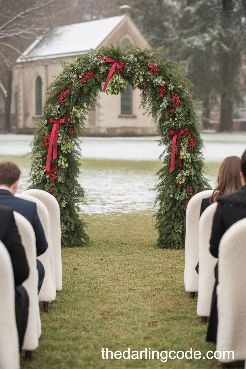 Asymmetrical Evergreen And Holly Winter Church Arch